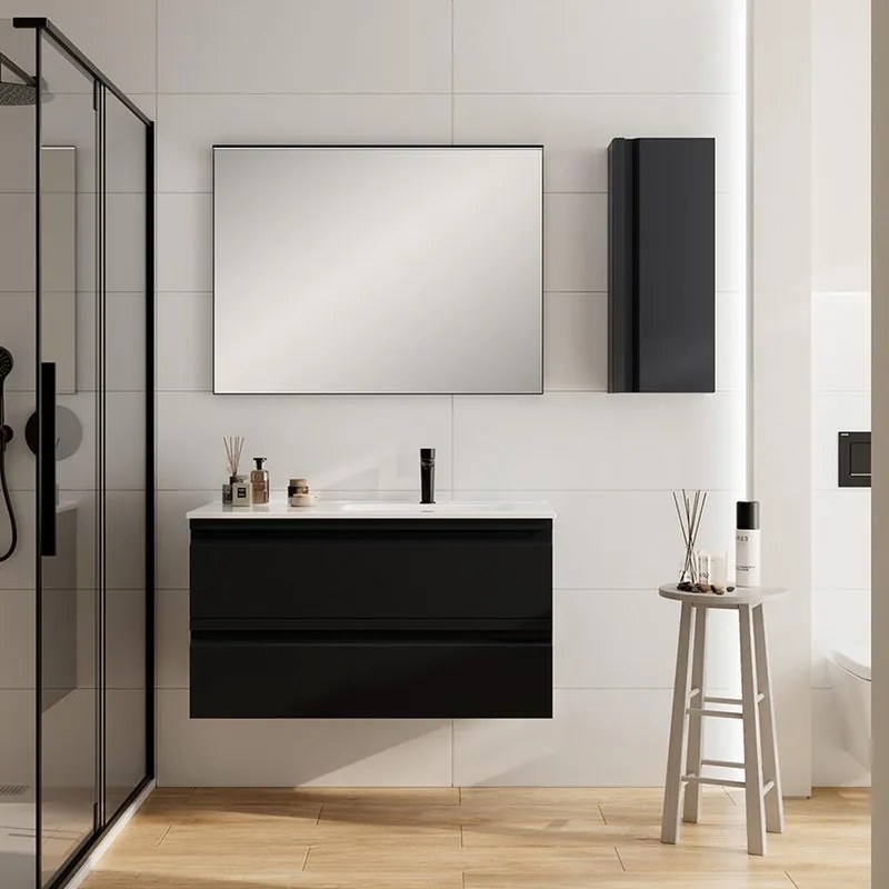 Mobile Pull L100 H55 P45 grafite opaco laccato 2 cassetti a chiusura ammortizzata e lavabo in ceramica vasca DX, piedini non inclusi