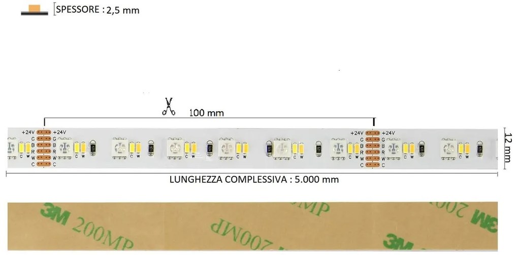Striscia LED Professional - RGB + CCT (bianco Variabile)  - IP20 - 20W/m - 5m - 24V Colore RGB+CCT