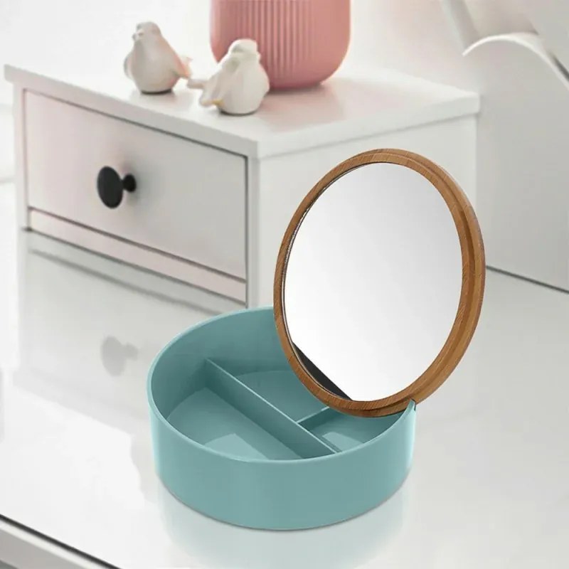 Porta trucchi da bagno tondo in plastica turchese e bamboo completo di specchio