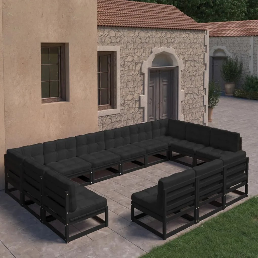 Set divani da giardino 13 pz con cuscini massello di pino nero