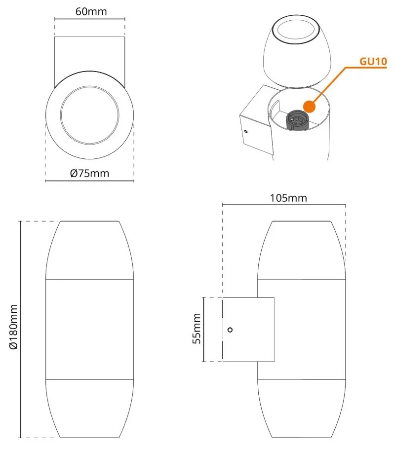 Applique Ovale Bidirezionale IP65 GU10 per esterni, Grande - Nera Colore del corpo Nero