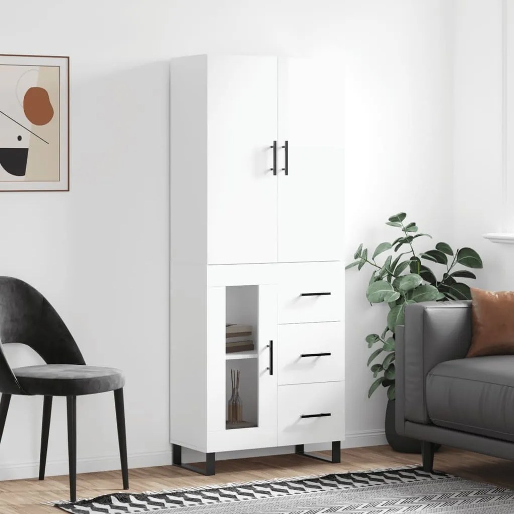 Credenza Bianco Lucido 69,5x34x180 cm in Legno Multistrato