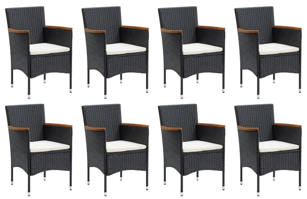 Set pranzo da giardino 9 pz con cuscini in polyrattan nero