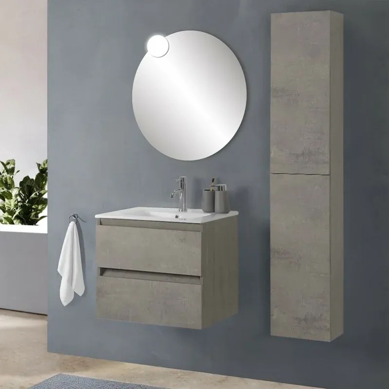 Mobile bagno sospeso 60cm in legno grigio cemento 2 cassettoni con lavabo e specchio Leda