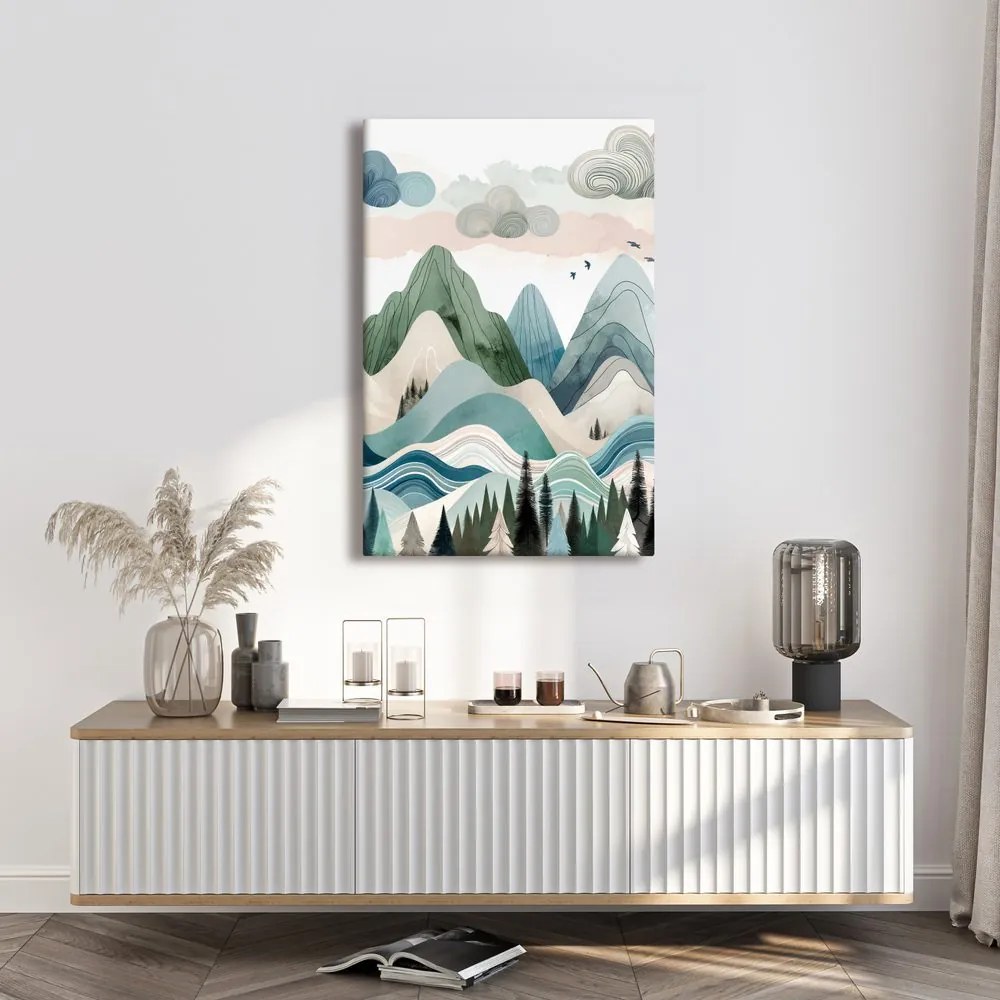 Quadro su tela – Montagne pastello e foresta scura