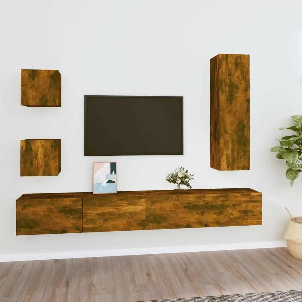 Set di mobili porta tv 5 pz rovere fumo in legno multistrato