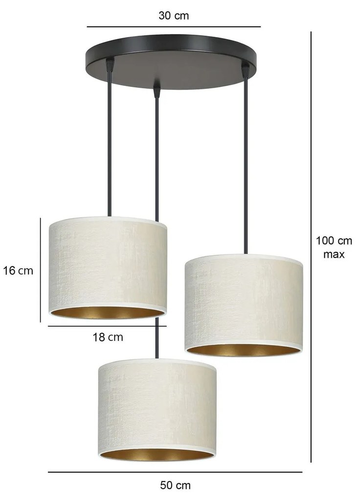 Lampadario Tondo 3 Luci Hilde In Acciaio Nero E Paralumi In Tessuto Beige