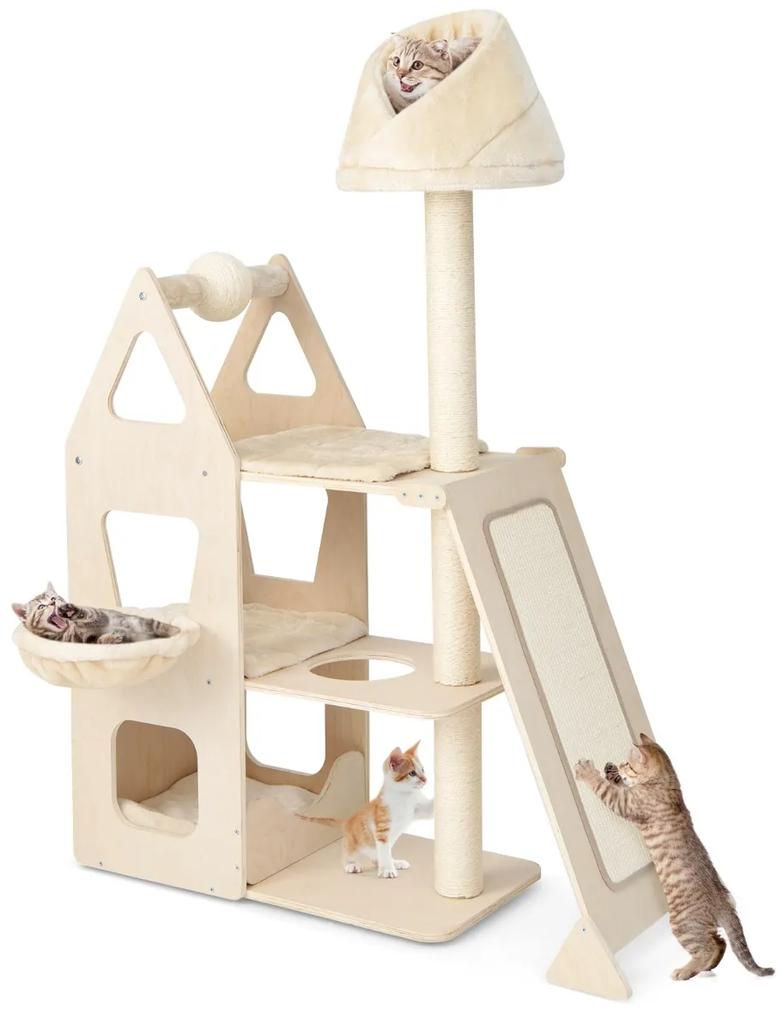 Costway Torre per gatti da 155cm con rampa in sisal lettino, Postazione per arrampicarsi con trespolo in peluche Naturale