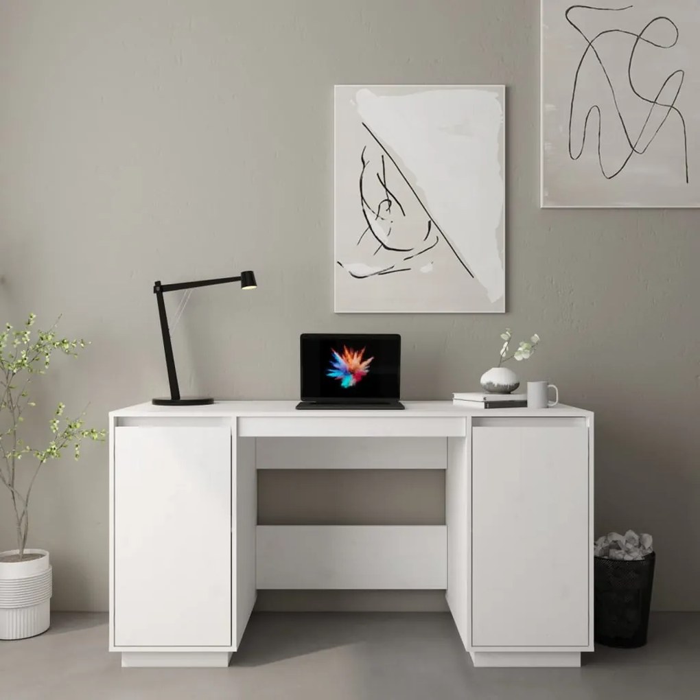 Scrivania Bianca 140x50x75 Cm İn Legno Massello Di Pino /