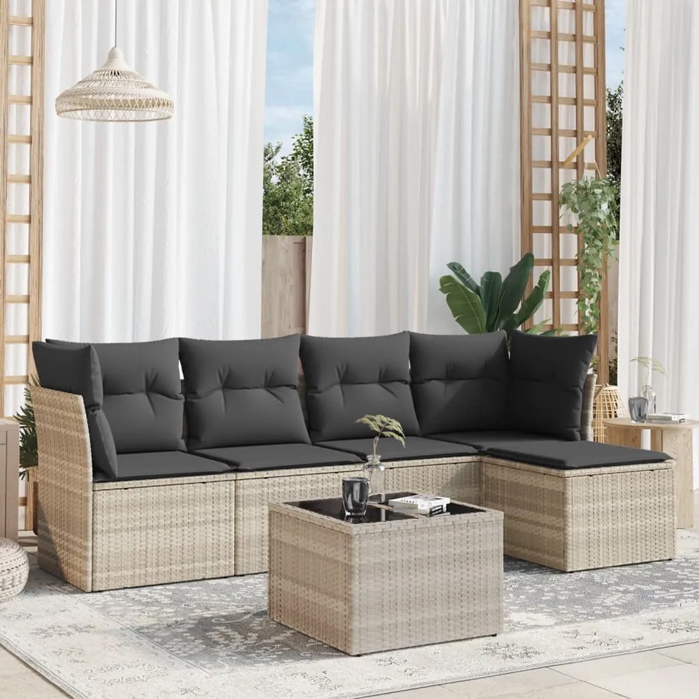 Set divano da giardino 6pz con cuscini grigio chiaro polyrattan