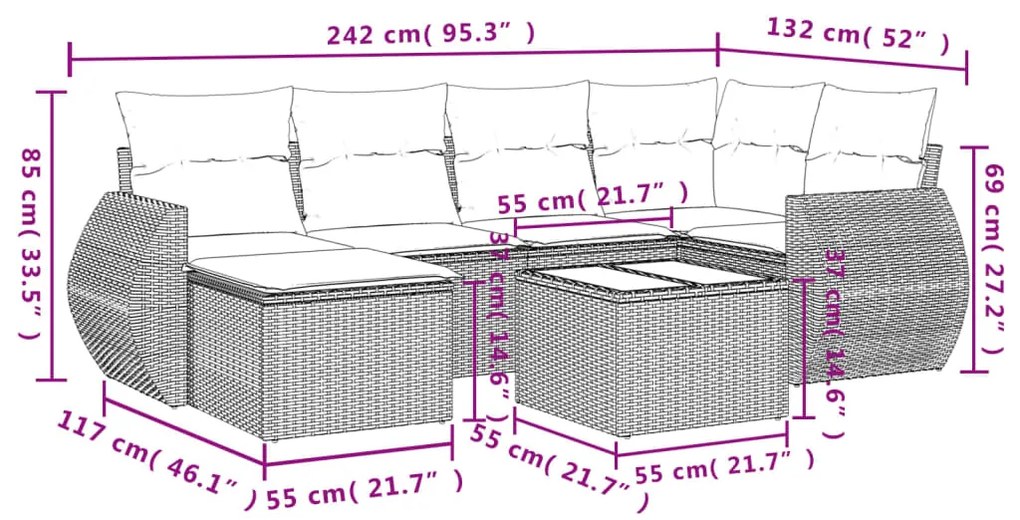 Set Divani da Giardino con Cuscini 7pz Nero Polyrattan