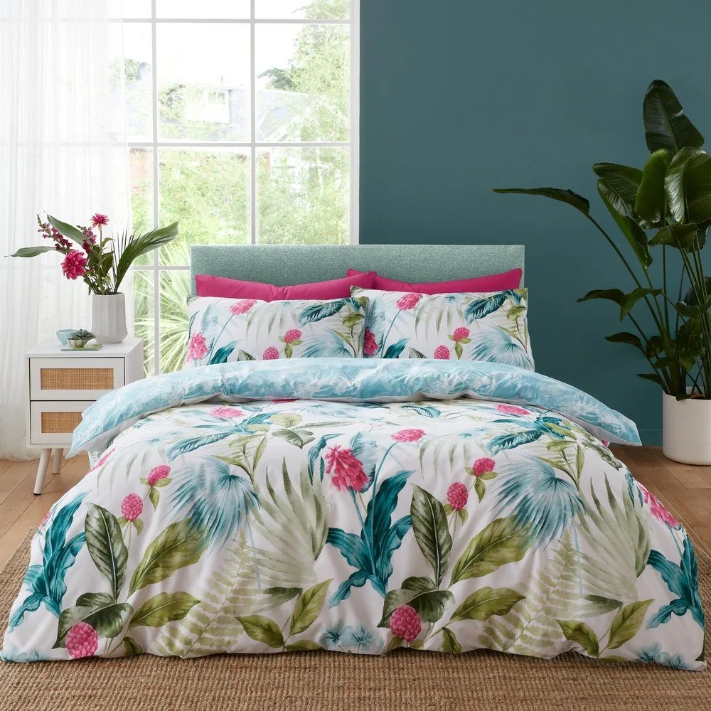 Set copripiumino e federa verde e blu per letto matrimoniale 200x200 cm Aruba Tropical Floral – Catherine Lansfield