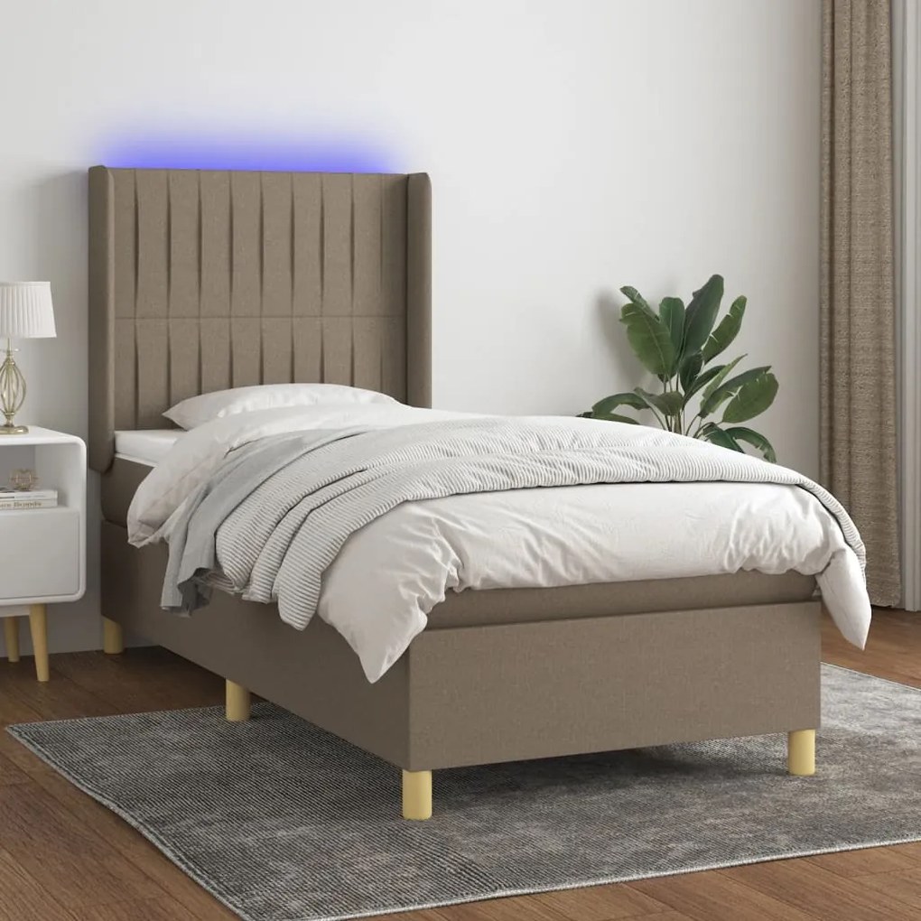 Letto a molle con materasso e led tortora 80x200 cm in tessuto