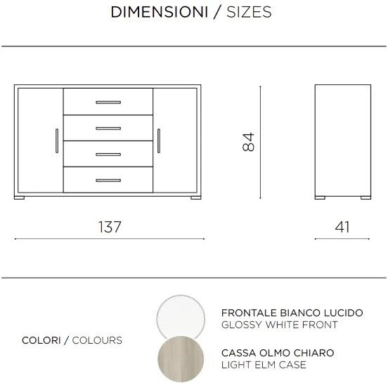 Madia con 2 ante e 4 cassetti 137 cm in legno Bianco Lucido - AMAL