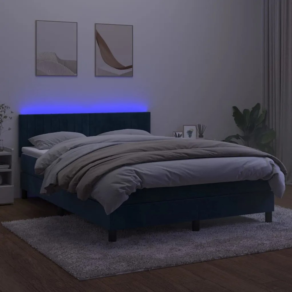 Letto a molle con materasso e led blu scuro 140x200 cm