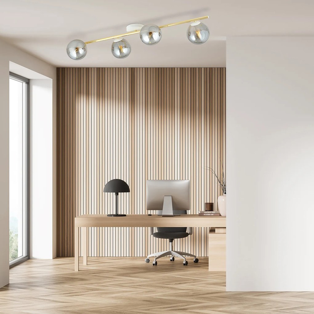 Plafoniera Contemporanea 4 Luci Eracle In Acciaio Oro/Bianco E Sfere Vetro Fumè