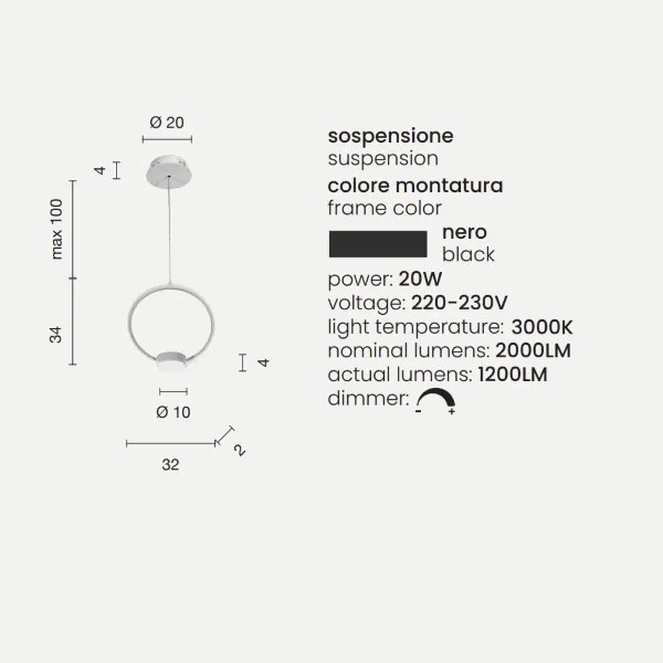 Lampada a sospensione Led OMEGA in metallo verniciato Nero D32 cm