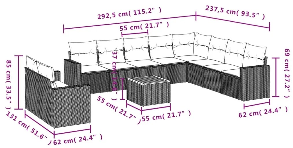 Set Divani da Giardino 11 pz con Cuscini in Polyrattan Nero