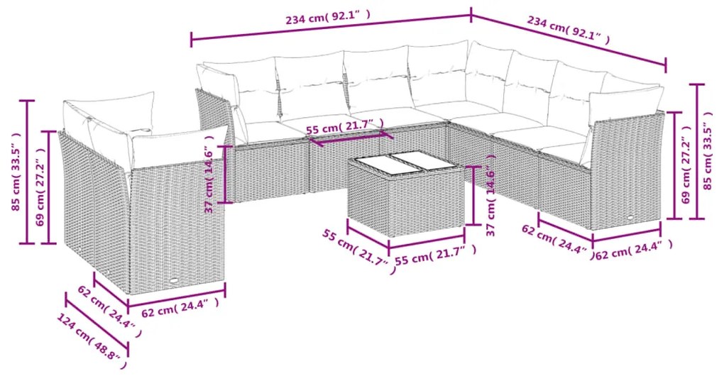 Set divano da giardino 10 pz con cuscini beige in polyrattan