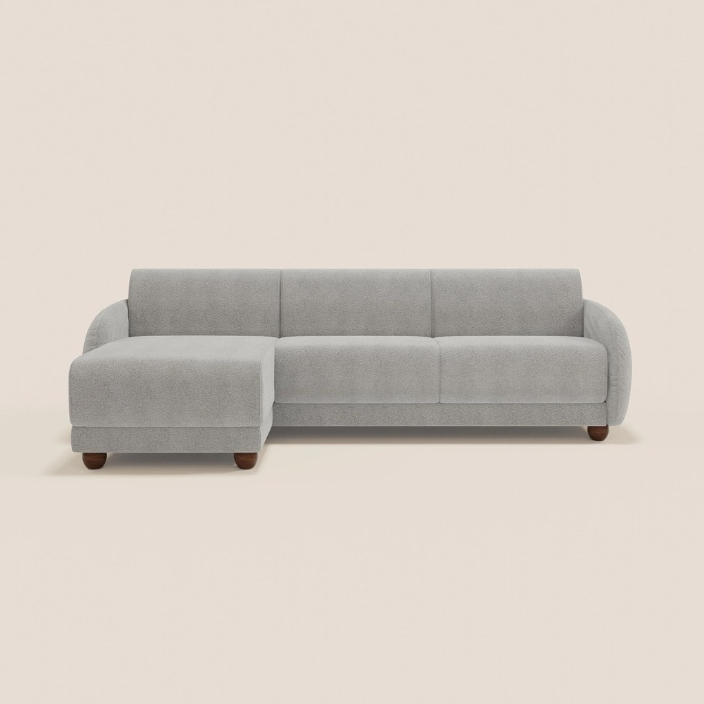Giglio divano letto angolare con materasso alto 18 cm e penisola contenitore in morbido bouclé impermeabile T07 grigio