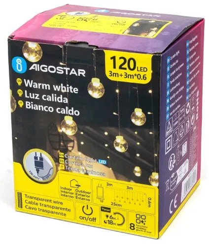 Aigostar - Catena luminosa LED natalizia da esterno, 120 LED, 6 W, 230 V, 8 funzioni, 3 x 0,6 m, IP44, bianco caldo + telecomando