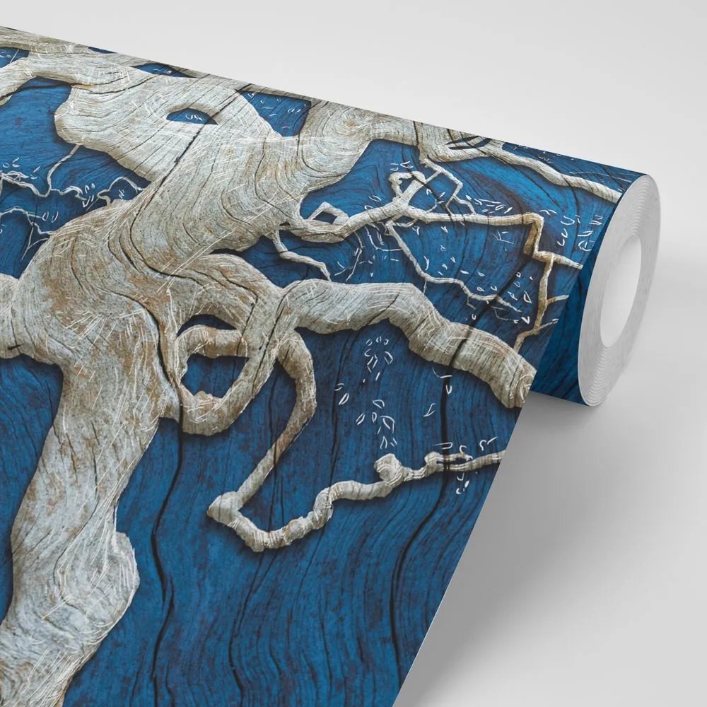 Carta da parati – Albero Astratto su Legno con Contrasto Blu