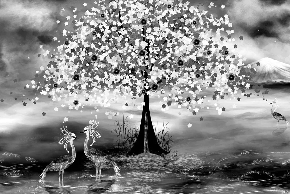 Quadro su tela – Aironi sotto un albero magico in bianco e nero