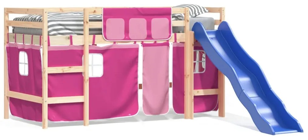 Letto a soppalco con tende bambini rosa 90x200 cm massello pino