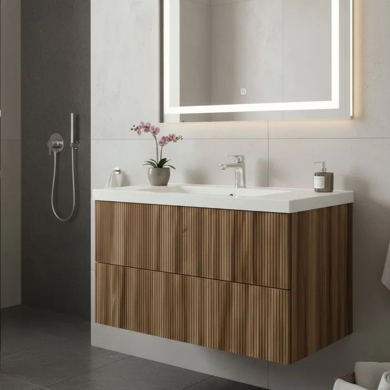 Mobile da bagno sospeso sotto lavabo Opera L 89.5 x H 50 x P 45.5 cm rovere cannettato , 2 cassetti