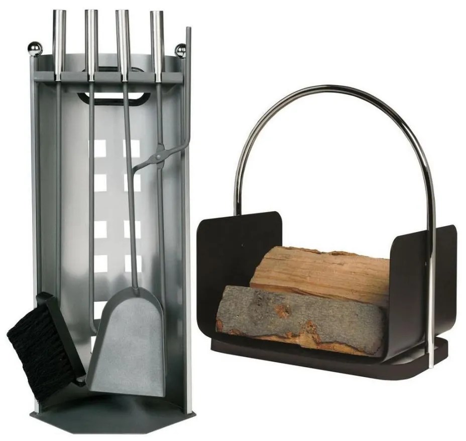 Set di attrezzi per caminetto e cesto per la legna con manico 6 pz antracite