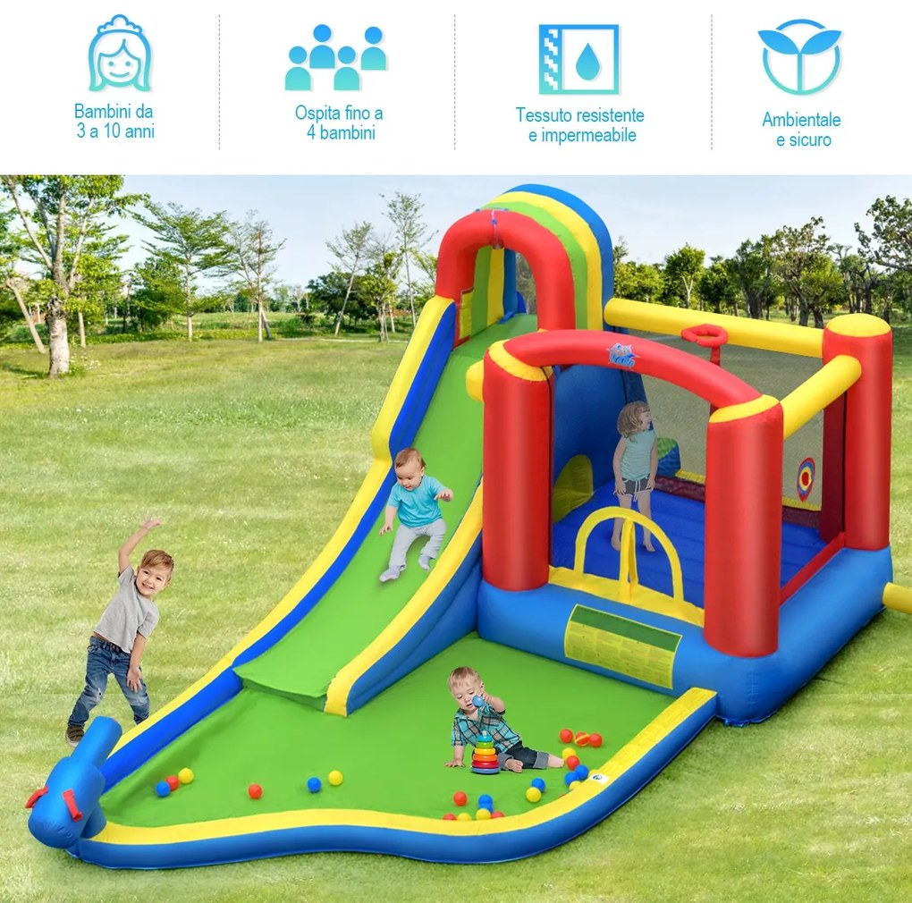 Costway Parco acquatico gonfiabile con scivolo e compressore, Casa gonfiabile con piscina grande per bambini 3-10 anni