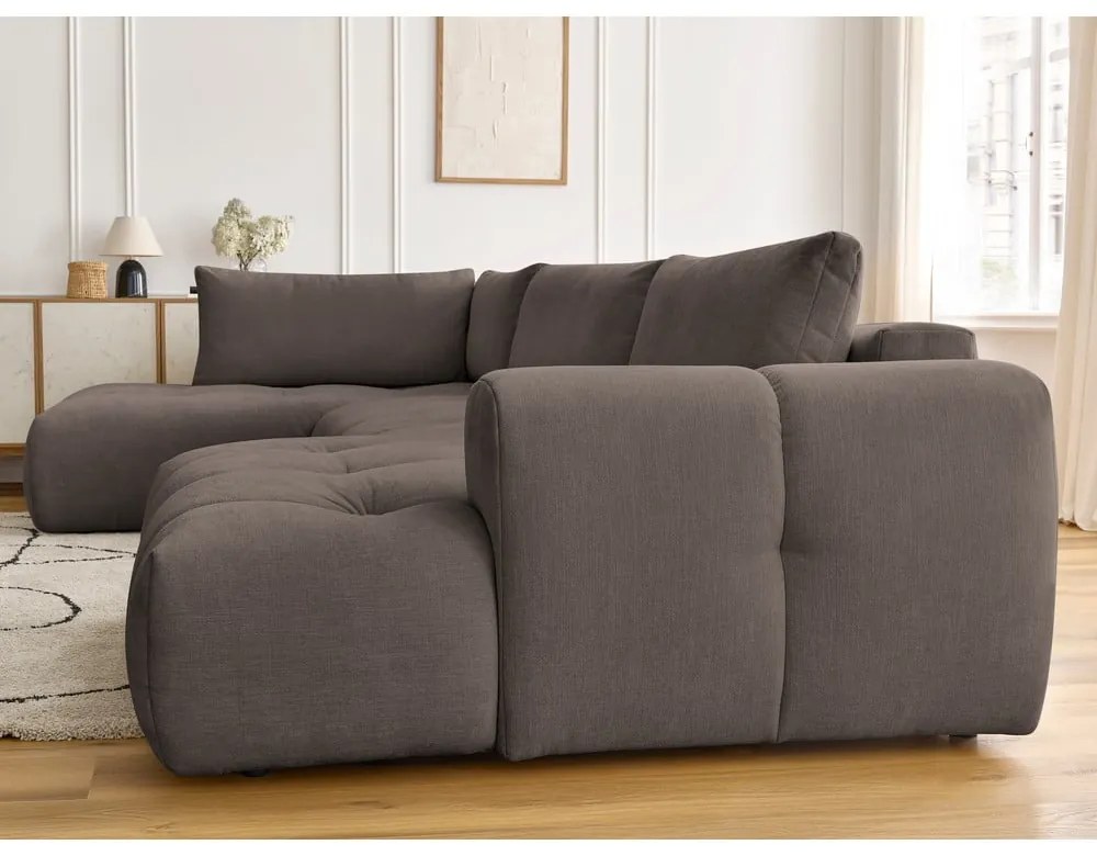 Divano angolare grigio tortora allungabile e con contenitore (penisola a sinistra/a U) con rivestimento in ciniglia Fuji – Bobochic Paris