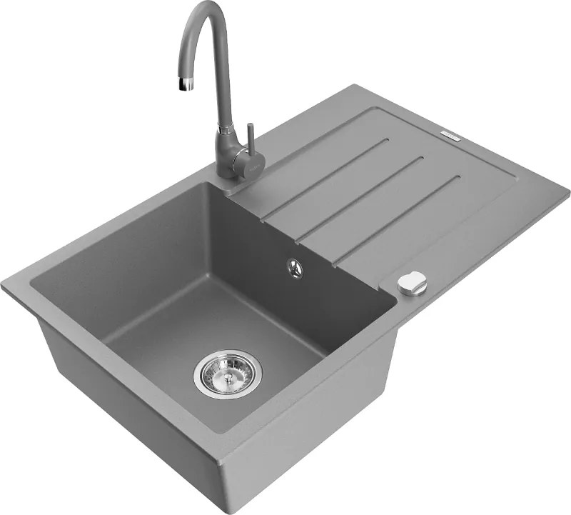 Mexen Bruno lavello in granito a 1 vasca con sgocciolatoio e rubinetto da cucina Telma, grigio - 6513-71-670200-71