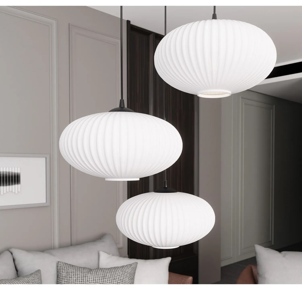 Lampadario 3 Luci Iris Base Tonda In Acciaio Nero Paralume Plissettato Bianco