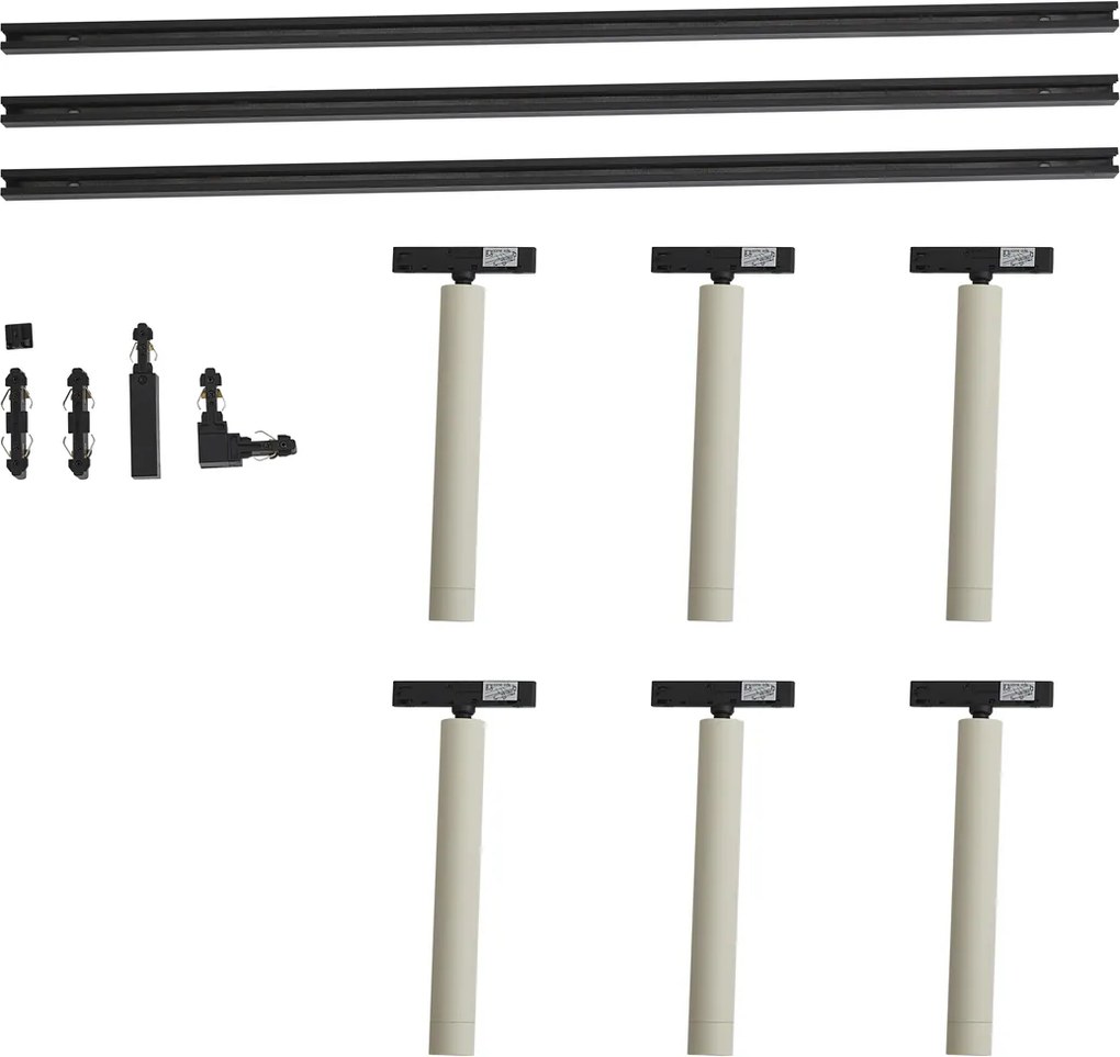Sistema di illuminazione a binario moderno nero con 6 faretti beige monofase - Slimline Avery
