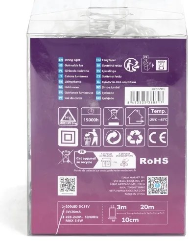 Aigostar - Catena luminosa LED per esterni, 200 LED, 8 modalità, 23 m, IP44, bianco freddo
