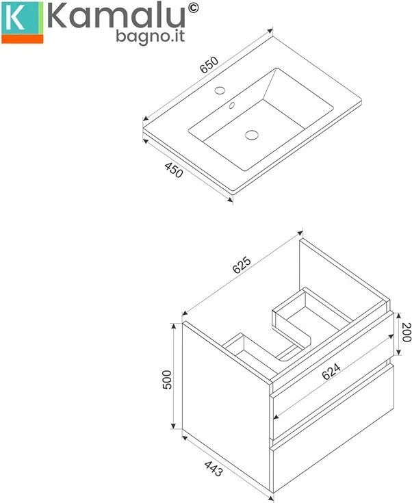 Kamalu - Mobile bagno sospeso 65 cm colore bianco opaco | LAC-EOLO-65
