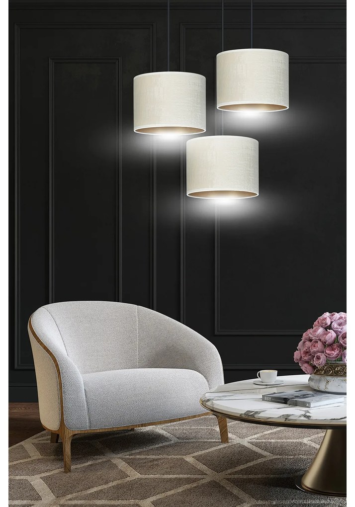 Lampadario Tondo 3 Luci Ganesha In Acciaio Nero E Paralumi In Tessuto Beige