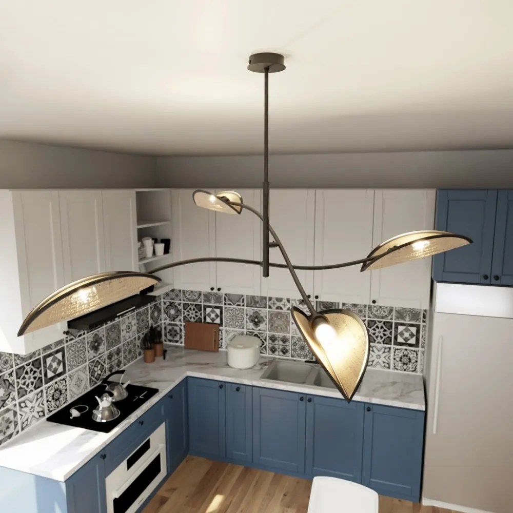 Lampadario a Sospensione in Acciaio e Tessuto LOTUS 4 Nero 4xE14 Colore del corpo Nero e Rattan