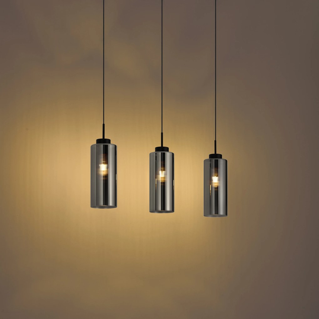 Sistema a binario moderno nero con 3 lampade a sospensione in vetro fumé monofase - Iconic Laura
