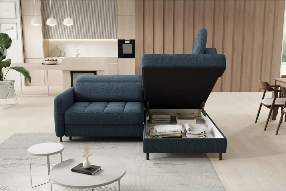 Divano angolare blu allungabile/con contenitore (con penisola a destra/a L) e rivestimento in velluto Barea – ELTAP