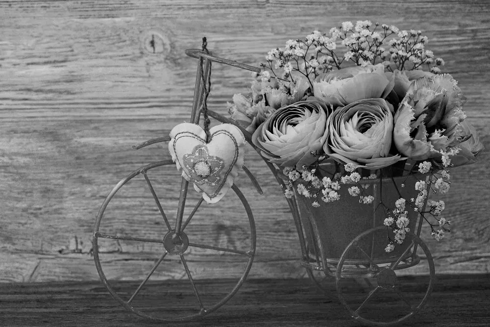 Quadro su tela – Fiori in bianco e nero in vaso vintage