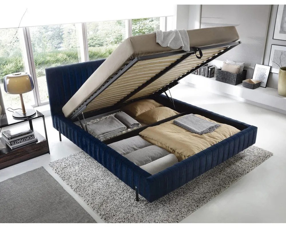 Letto matrimoniale imbottito blu scuro con contenitore e rete inclusi 140x200 cm Plissa – ELTAP