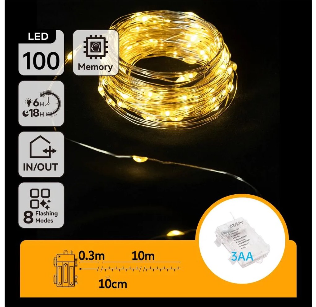 Aigostar -Catena LED natalizia da esterno 100xLED/8 funzioni 3xAA 10,3m IP44 bianco caldo