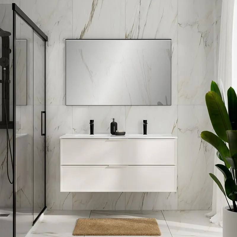 Mobile Quadra L120 H55 P45 bianco opaco laccato con lavabo in ceramica vasca DOPPIA base con 2 cassetti a chiusura ammortizzata