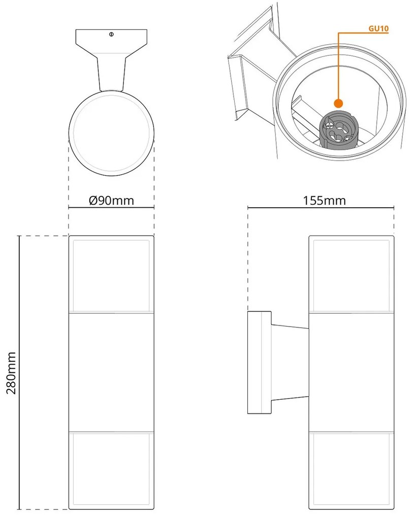Applique Cilindrica Bidirezionale Nera IP54 con 2 basi GU10