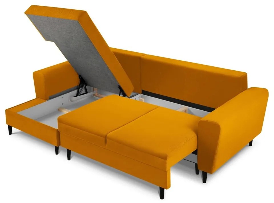 Divano angolare color senape allungabile e con contenitore (con penisola a sinistra/con chaise lounge) con rivestimento in velluto a coste Kyoto – Cosmopolitan Design