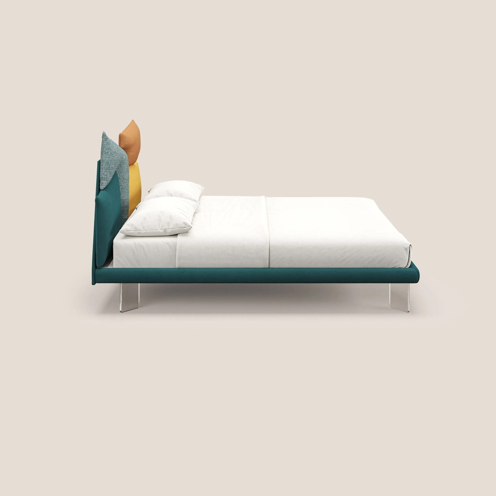 Rebus letto imbottito dal design moderno con piedi trasparenti in plexiglass petrolio