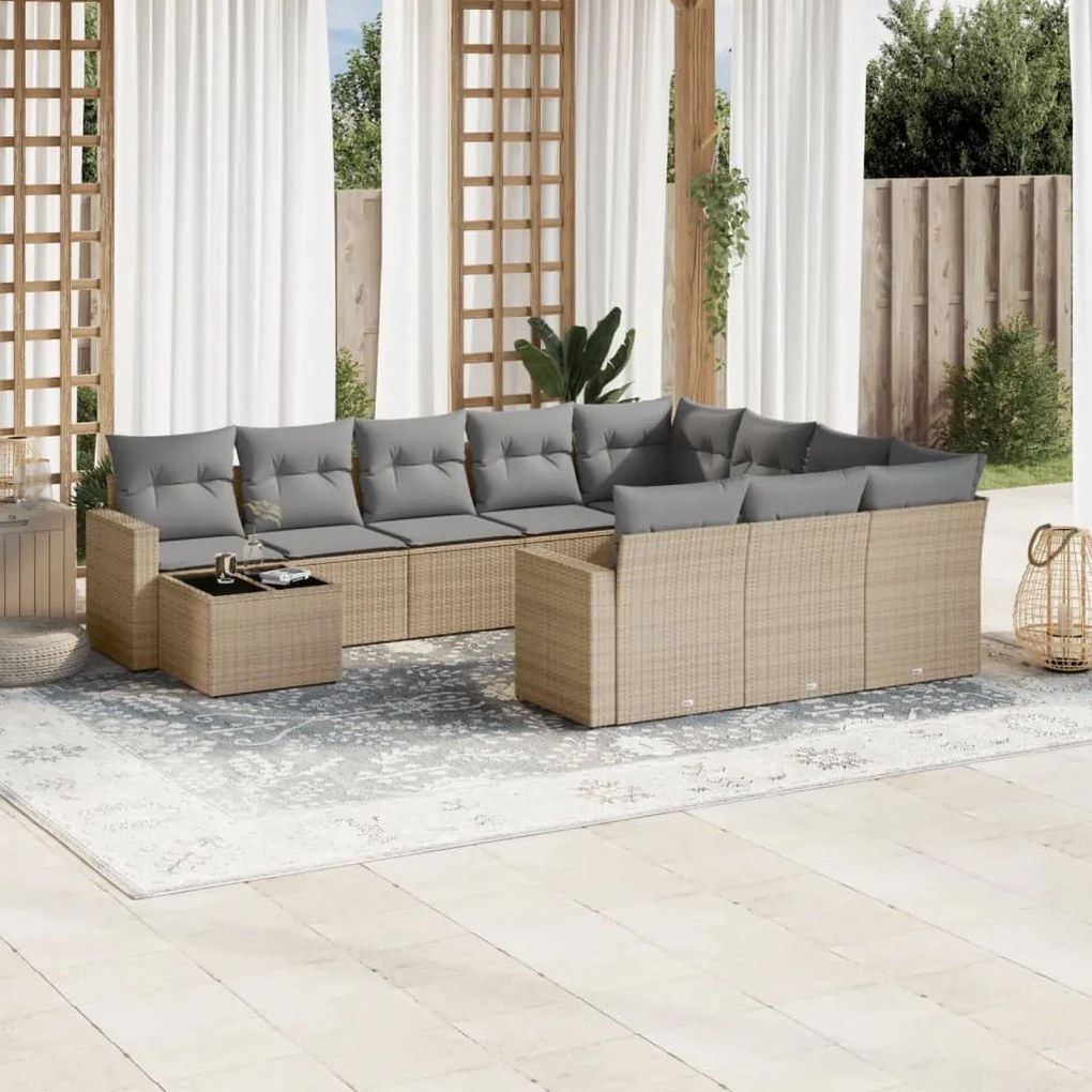 Set divani da giardino 11 pz con cuscini beige in polyrattan