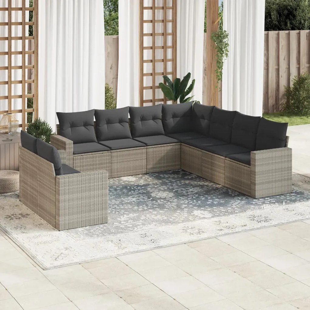 Set divano da giardino 9pz con cuscini grigio chiaro polyrattan